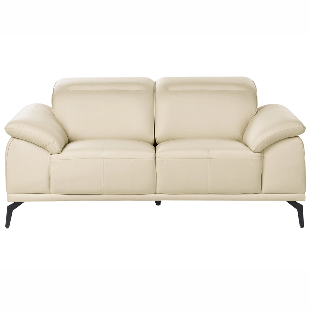 Divano 2 posti in ecopelle a due posti con poggiatesta regolabile e gambe in metallo beige soggiorno moderno