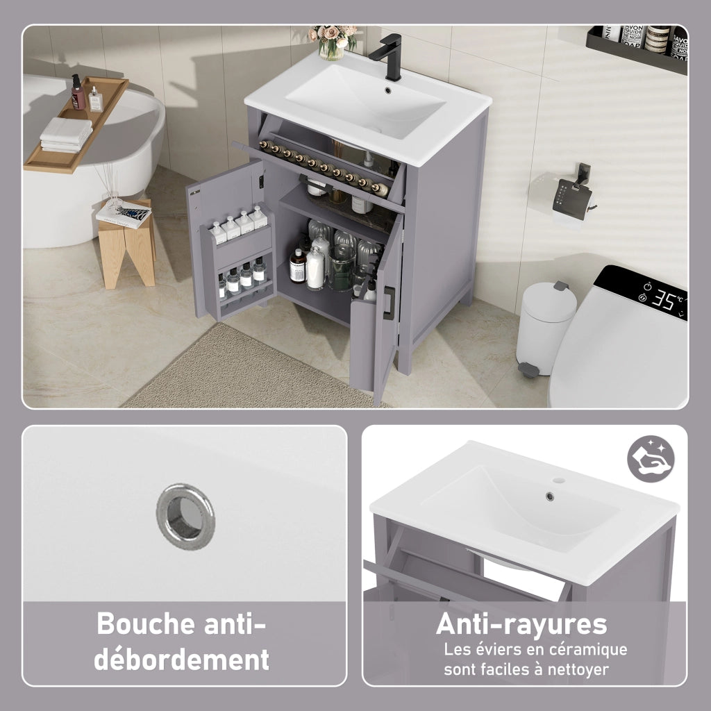 Mobile sottolavabo con lavabo in ceramica, 2 ante, 1 cassetto e ripiano regolabile, per bagno, grigio, 60 × 46 × 84,8 cm