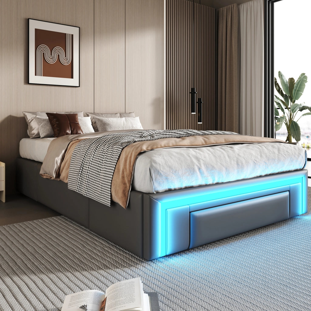 LETTO 90x200 cm in PU Grigio con cassetti e striscia LED, senza testiera