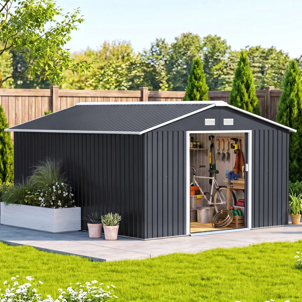 Casetta da Giardino 12.4m2 ¨C Xylo ¨C Acciaio Zincato Grigio con Doppia Porta Scorrevole