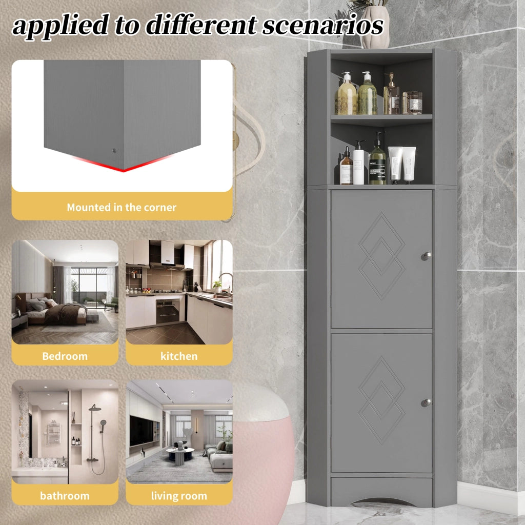 Armadietto da bagno angolare con ripiano regolabile e vani aperti, per bagno, in truciolare, grigio, 36.5 × 36.5 × 155 cm