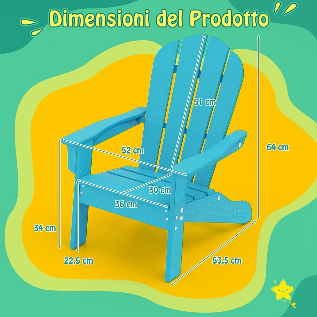 Sedia Adirondack per Bambini da Giardino, Sedie Ergonomica in HDPE con Schienale Inclinato e Braccioli, Poltrona per Interno ed Esterno, per Bambini 3 a 8 Anni, 52 x 53,5 x 64 cm (Azzuro)