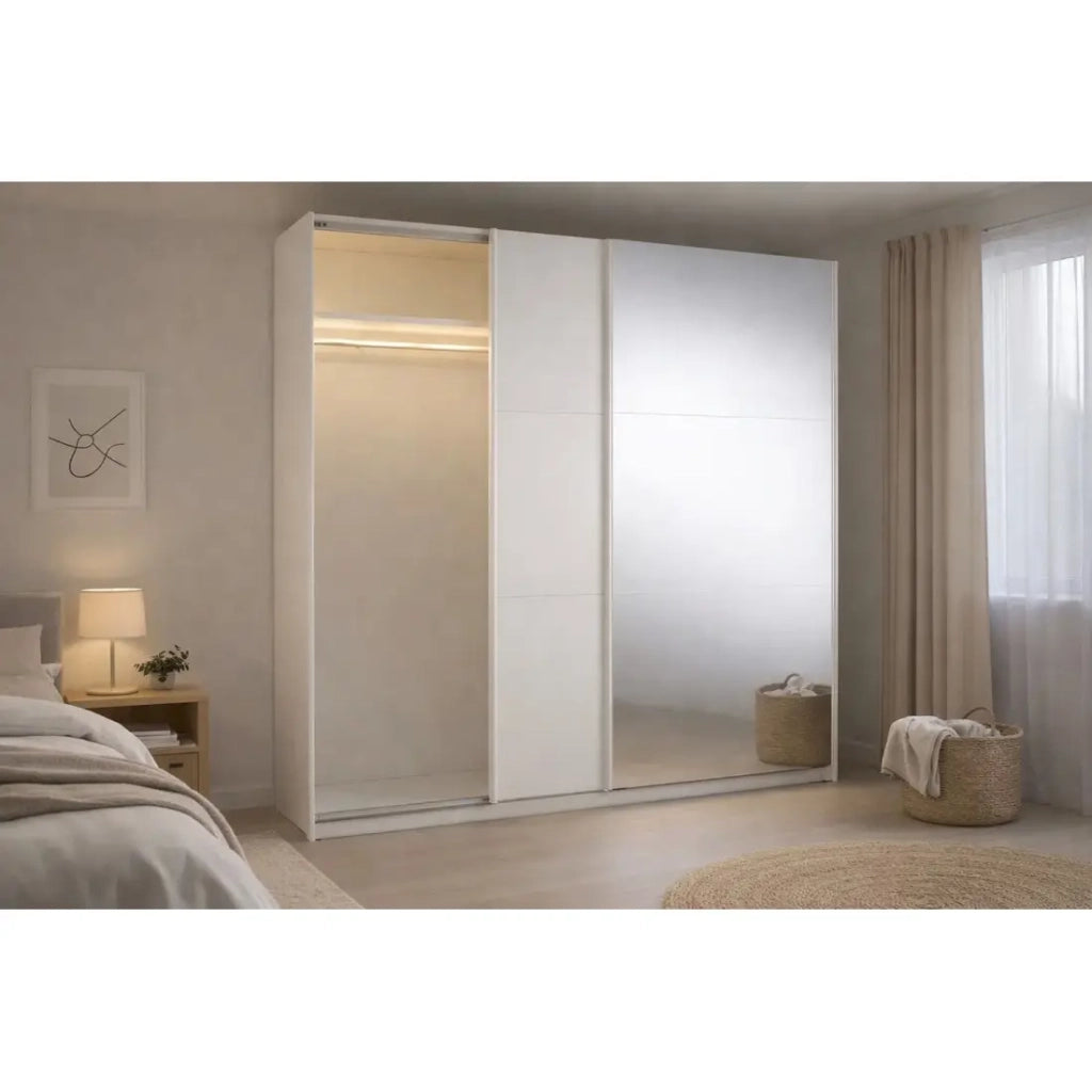 Armadio VENEZIA con cabina armadio aperta LED e specchi cachemire 221 cm
