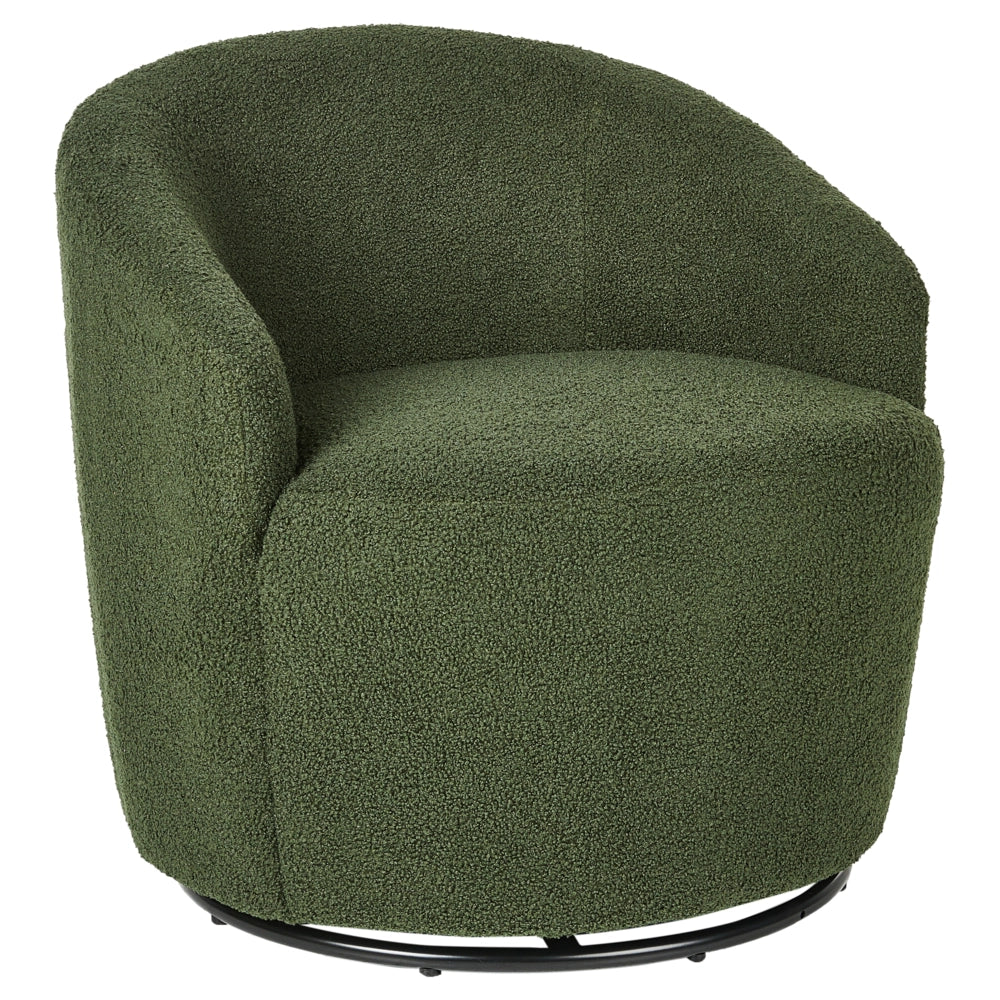 Poltrona con schienale curvo in tessuto bouclé verde base girevole 360° Art Deco dorato