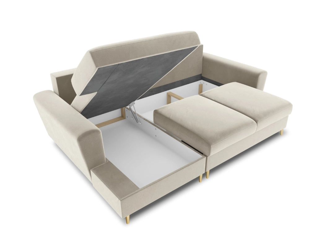 Cosmopolitan Design - Divano convertibile angolare sinistro con contenitore "Kyoto" 4 posti in velluto beige chiaro 