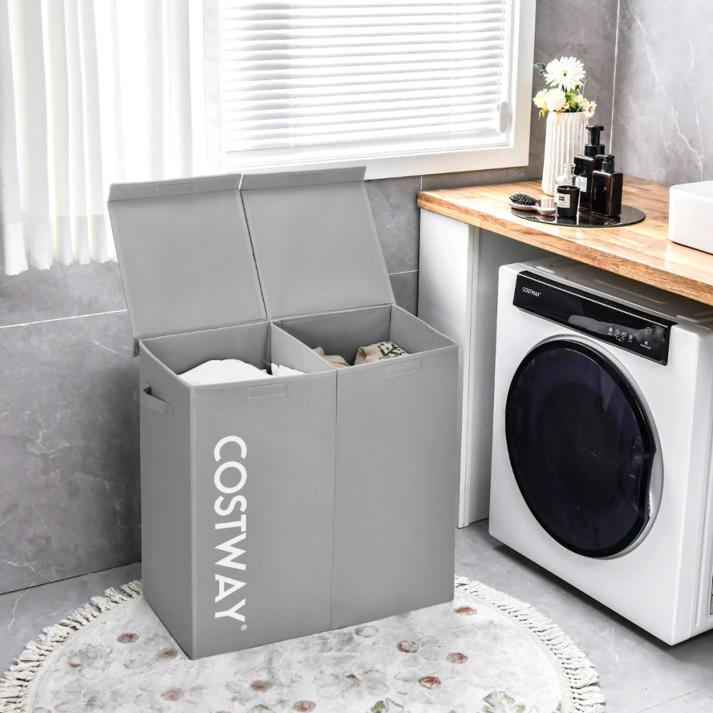 Cesto portabiancheria da 115L con coperchio 2 scomparti, Portabiancheria sporca in tessuto per lavanderia Grigio-Cesti del bucato