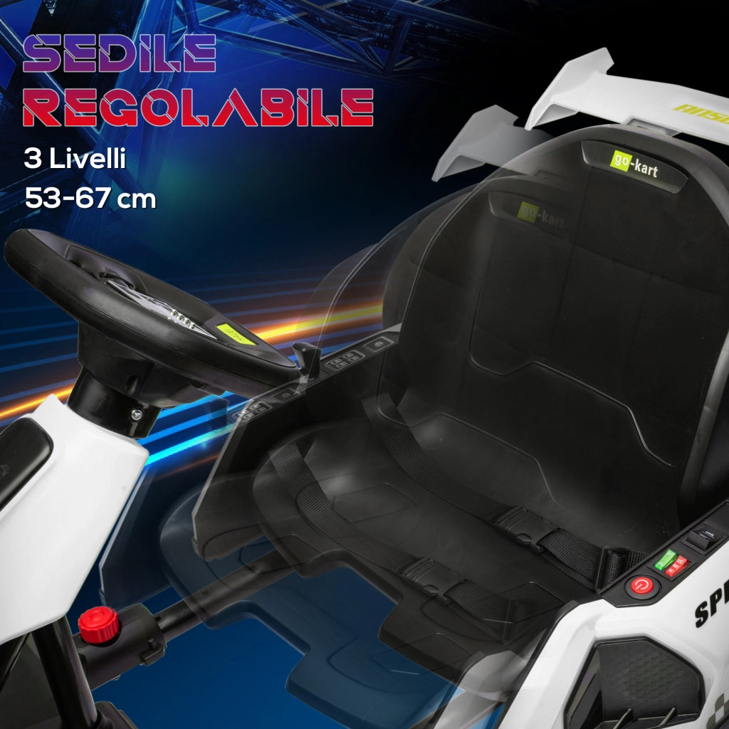 EasyComfort Go Kart Elettrico per Bambini 6-12 Anni 24V 12km/h con Seggiolino Regolabile, Bianco