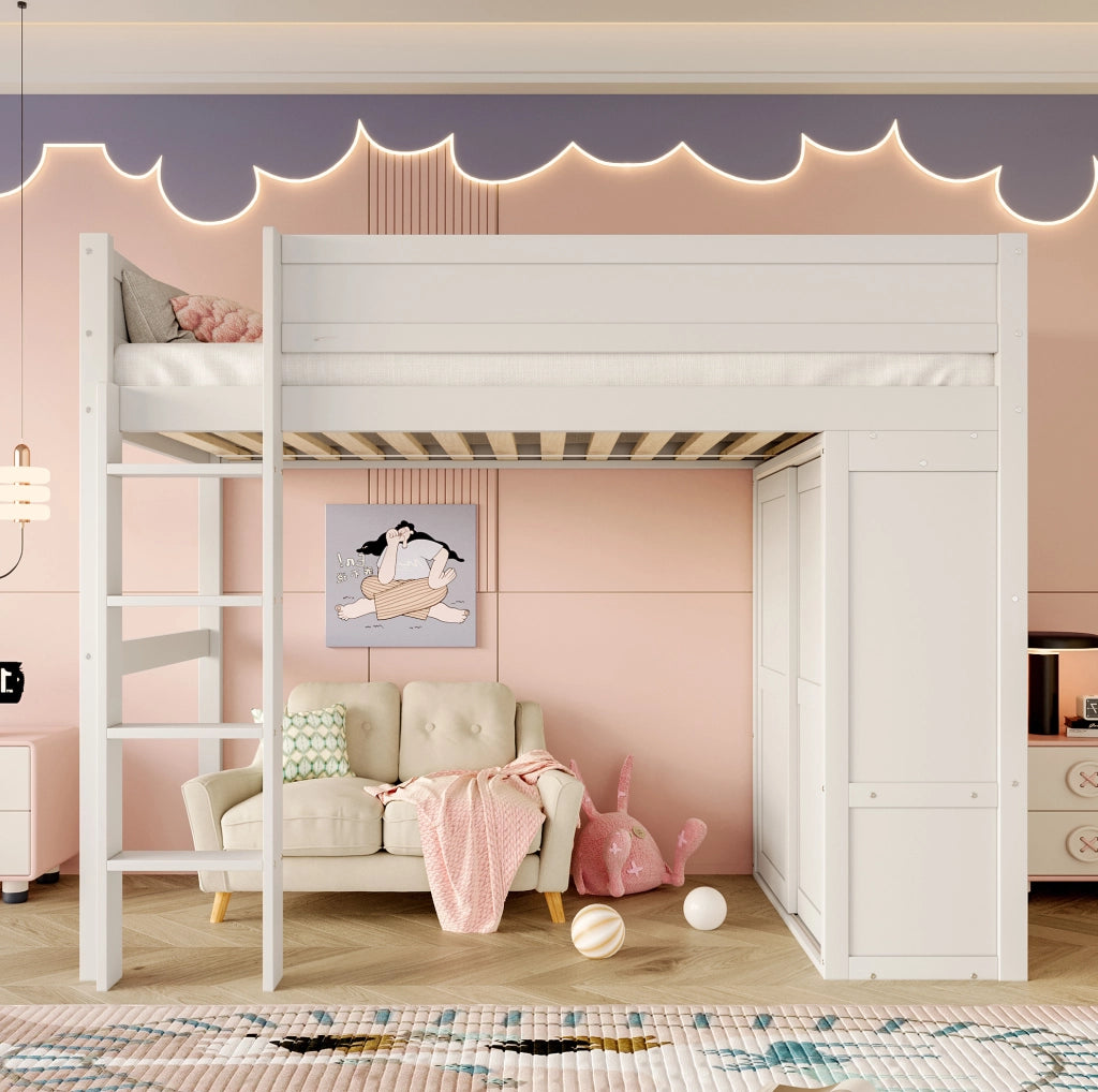 Letto a soppalco 90x200 cm con armadio e vano portaoggetti; pino e MDF; bianco