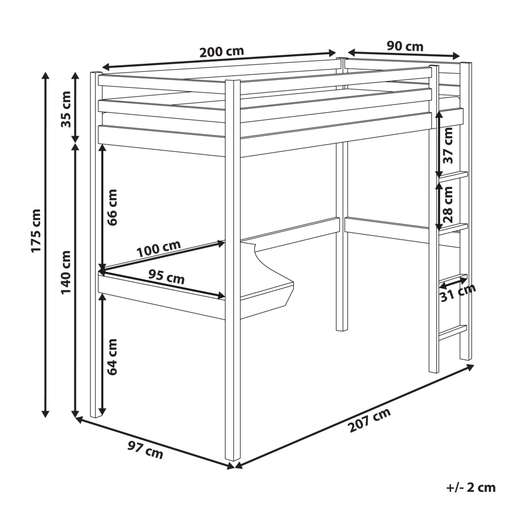 Letto singolo a soppalco in marrone chiaro 90 x 200 cm con telaio e contenitore con scrivania cameretta bambini