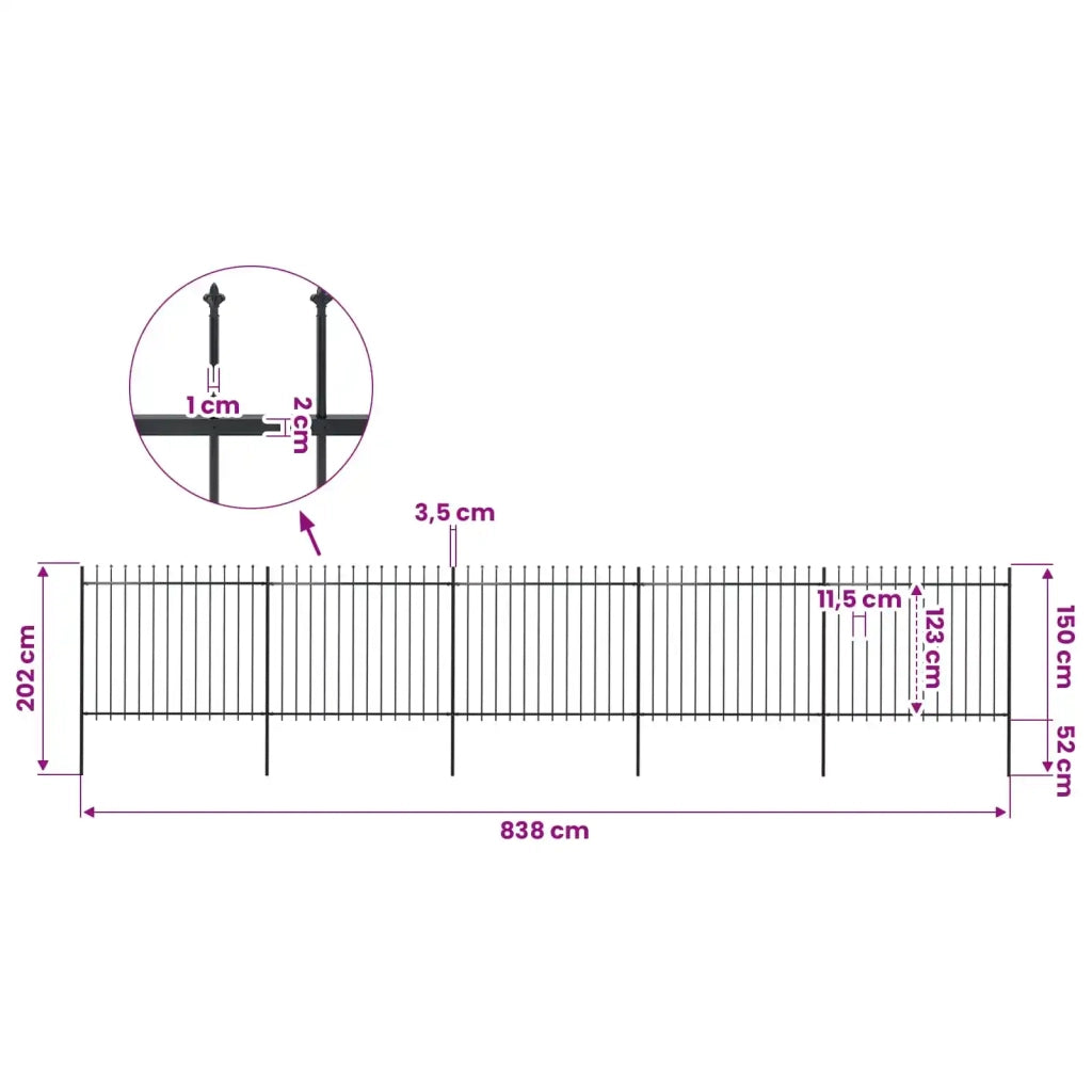 Recinzione da Giardino con Punta a Lancia in Acciaio 838x150 cm Nero 277633