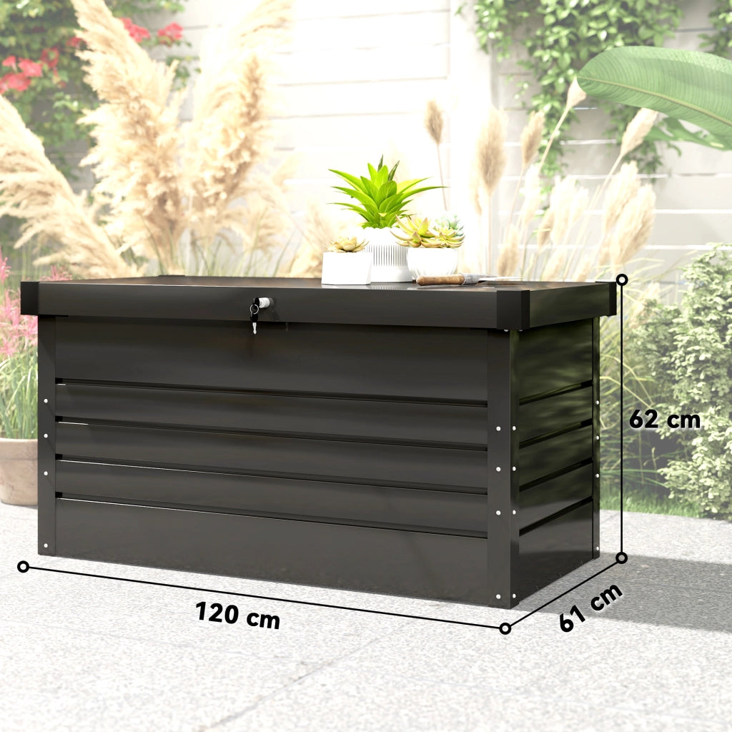 Box da giardino in metallo 350L ¨C Xylo ¨C doppia parete, coperchio impermeabile, chiusura, grigio 120x61x62cm