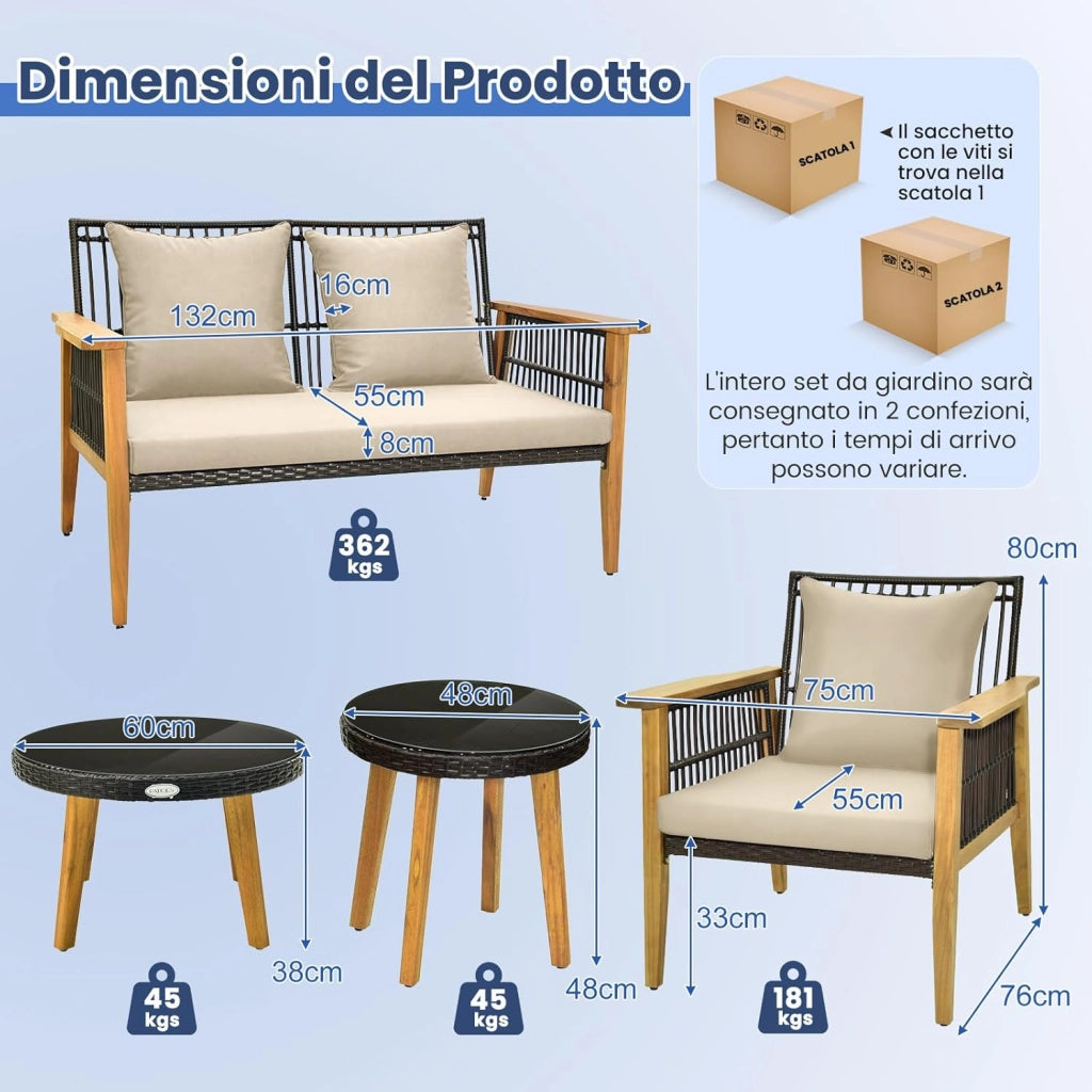 5 Pezzi Set da Conversazione da Giardino, Set di Sedie in Rattan con 2 Tavolini da Caffè, con Cuscini e Telaio Stabile in Legno di Acacia, per Giardino Cortile e Piscina