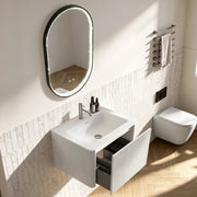 Set mobile bagno sospeso color rovere con lavabo integrato e specchio LED