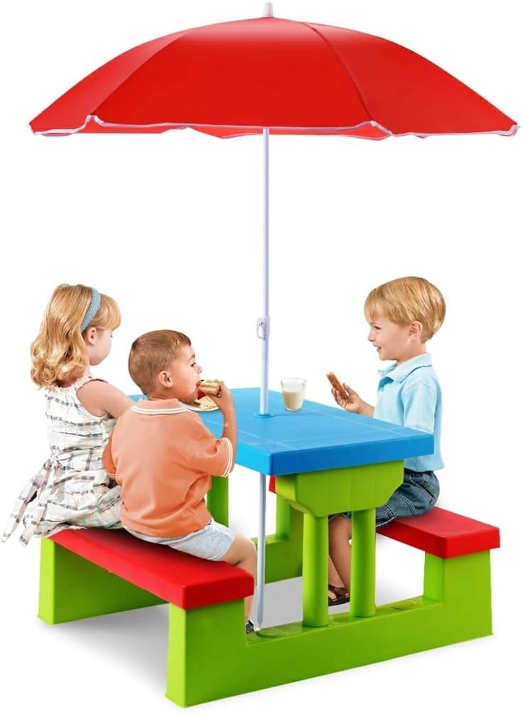 Set di Sedie per Bambini con Ombrellone, Mobili per Bambini con 1 Tavolo e 2 Panche, Set di Sedute per Bambini in PP, Set da Picnic per Parco Giardino Campeggio, Blu+Rosso+Verde