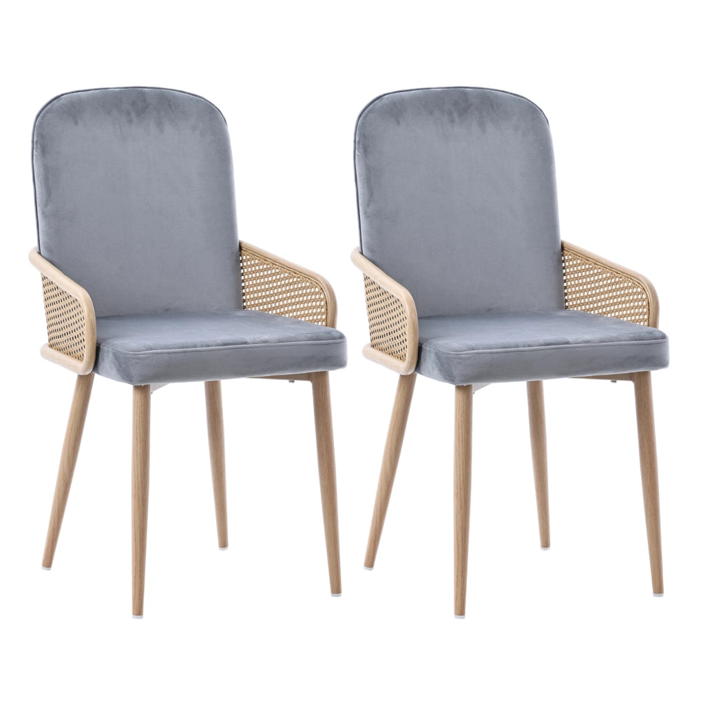 Sedia da pranzo girevole no; in velluto grigio con dettagli in PE rattan e gambe in metallo; set 2 pezzi