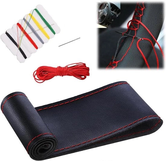Sterzo in Pelle morbida con ago e filo - Diametro 38 cm - Pelle nera con filo rosso - Accessori per auto