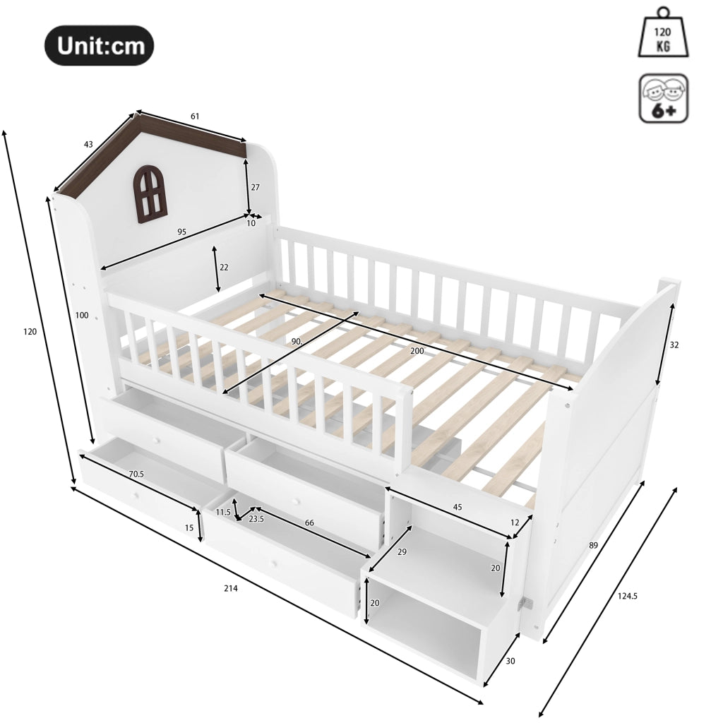 OKWISH Letto a Mezzanina 90×200 cm, Letto Singolo con 4 Cassetti, LED e Scala con Mensole, senza Materasso, in Pino, Bianco