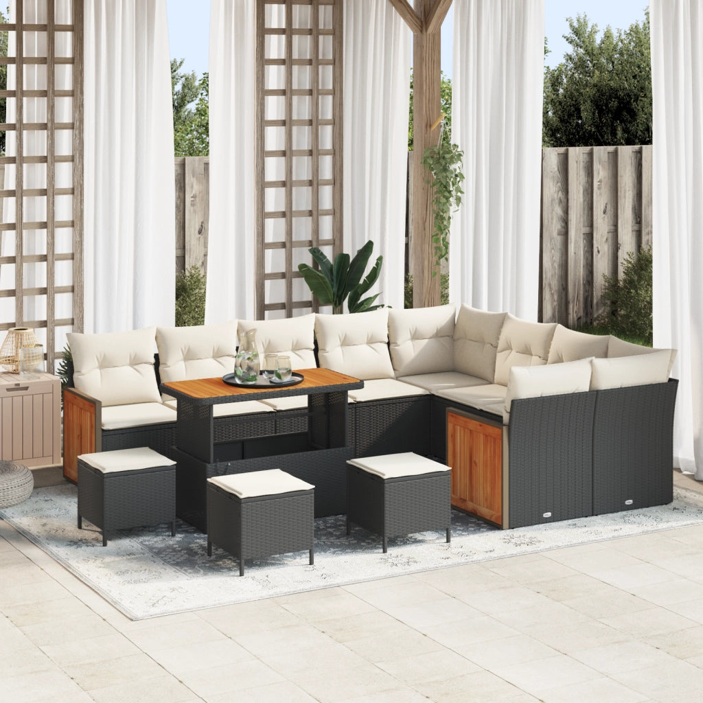 Set di Divano da Giardino 13 Pezzi  con Cuscini Nero Polyrattan Acacia