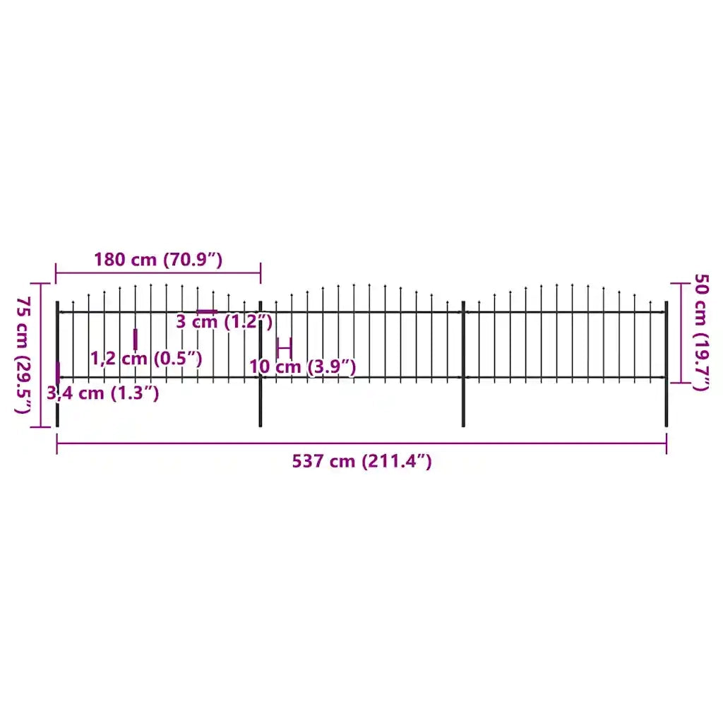 Recinzione da Giardino | Recinzione da cortile con punta a lancia in acciaio 537x75 cm nera