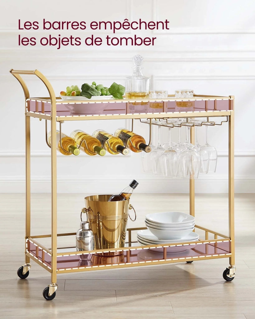 Carrello portavivande su ruote 38 x 80 x 90 cm mobile da cucina a 2 ripiani in vetro riflettente con portabottiglie e portabicchieri per bar cucina sala da pranzo oro 12_0005302