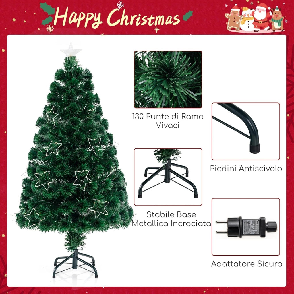 Albero di Natale in Fibra Ottica 120 cm, Albero di Natale Artificiale Pre-illuminato con 18 Luci a Stringa, Stella sulla Cima e 130 Punte dei Rami (120 CM)