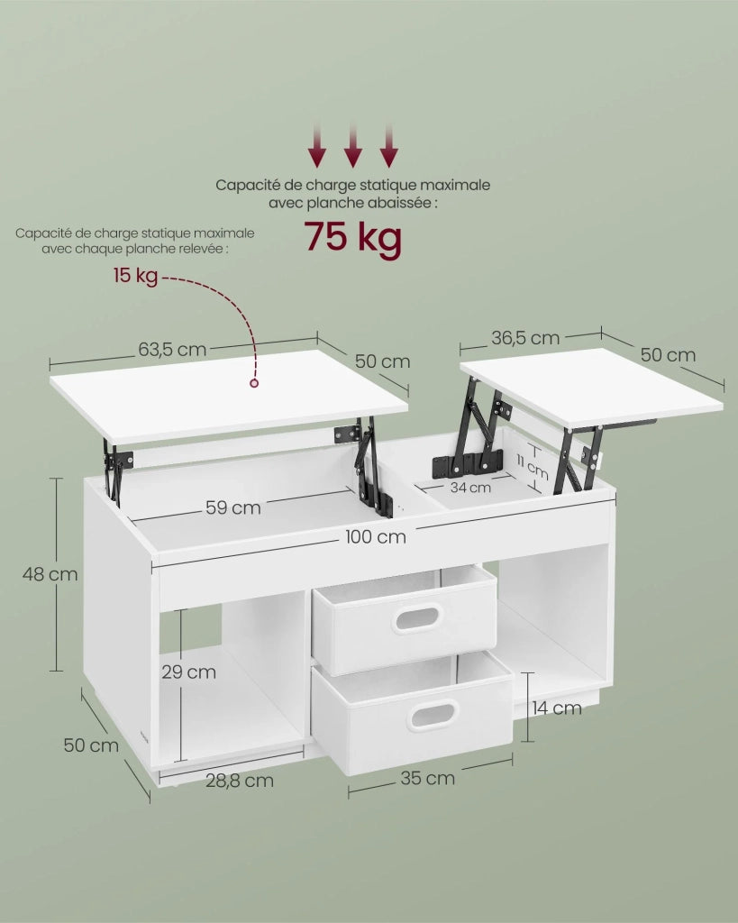 Tavolino da caffè con piano sollevabile 2 cassetti e scomparti nascosti scomparti aperti per soggiorno ufficio bianco 12_0007488