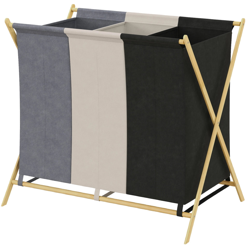 Cesto Portabiancheria Pieghevole a 3 Scomparti. in Bamb¨´ e Tessuto Effetto Lino. 75x48x67 cm. Multicolore
