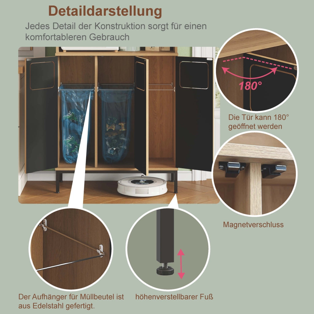 Mobile contenitore da cucina con 3 ante e 3 vani per raccolta differenziata, per cucina, in MDF, naturale, 80 × 35 × 181 cm