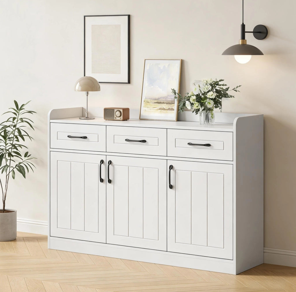 Mobile contenitore bianco 120x35x80 cm con 3 cassetti, 3 porte e ripiani regolabili