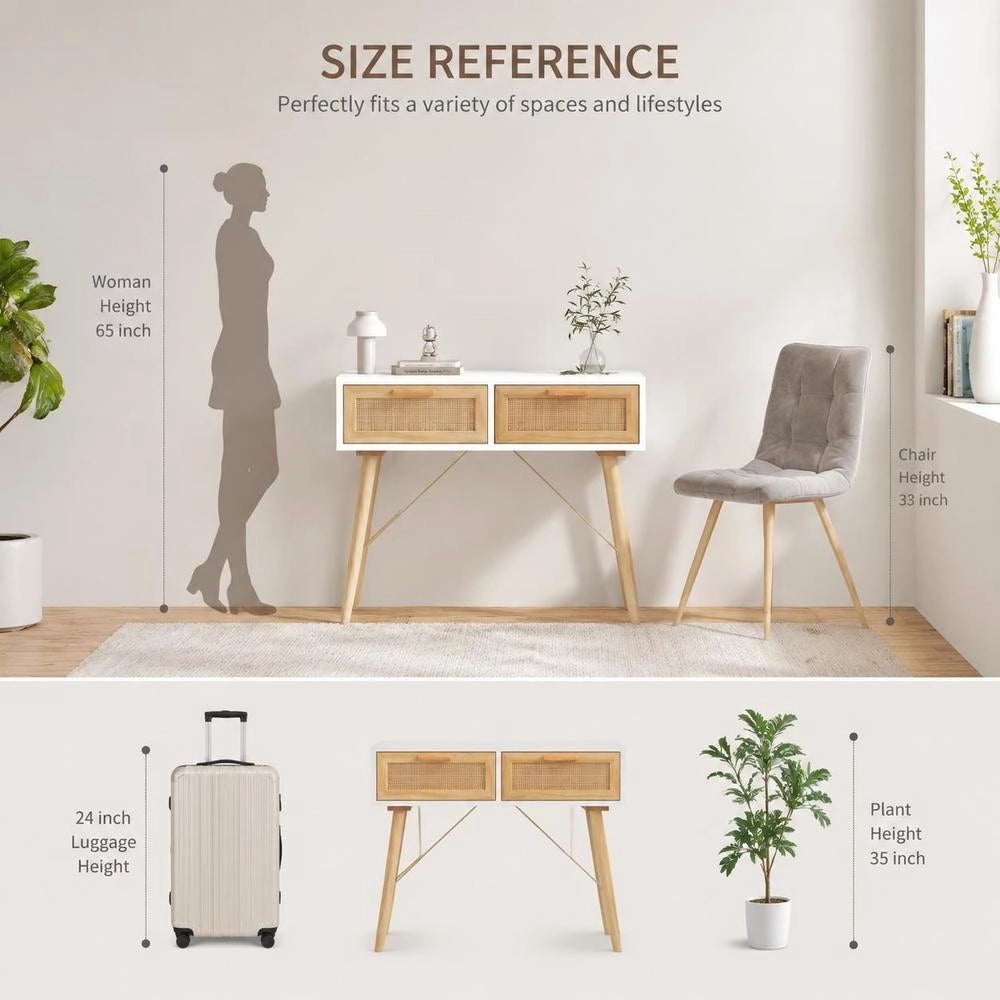 Console Table, White, 80x30x75 Cm, Solid Pine Wood, Natural Rattan