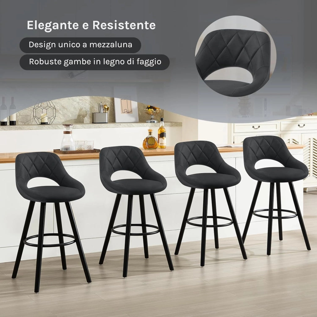 Sgabelli da Cucina Set di 4, Sgabello da Bar per Colazione, Sgabelli Alti con Poggiapiedi e Schienale, Sedile in Tessuto Tecnico+Gambe in Legno, Antracite, BH291an-4