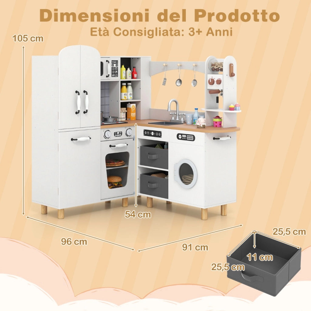 Cucina giocattolo ad angolo per bambini set cucina in legno con frigorifero a doppia porta-Cucina giocattolo con contenitori in tessuto e accessori