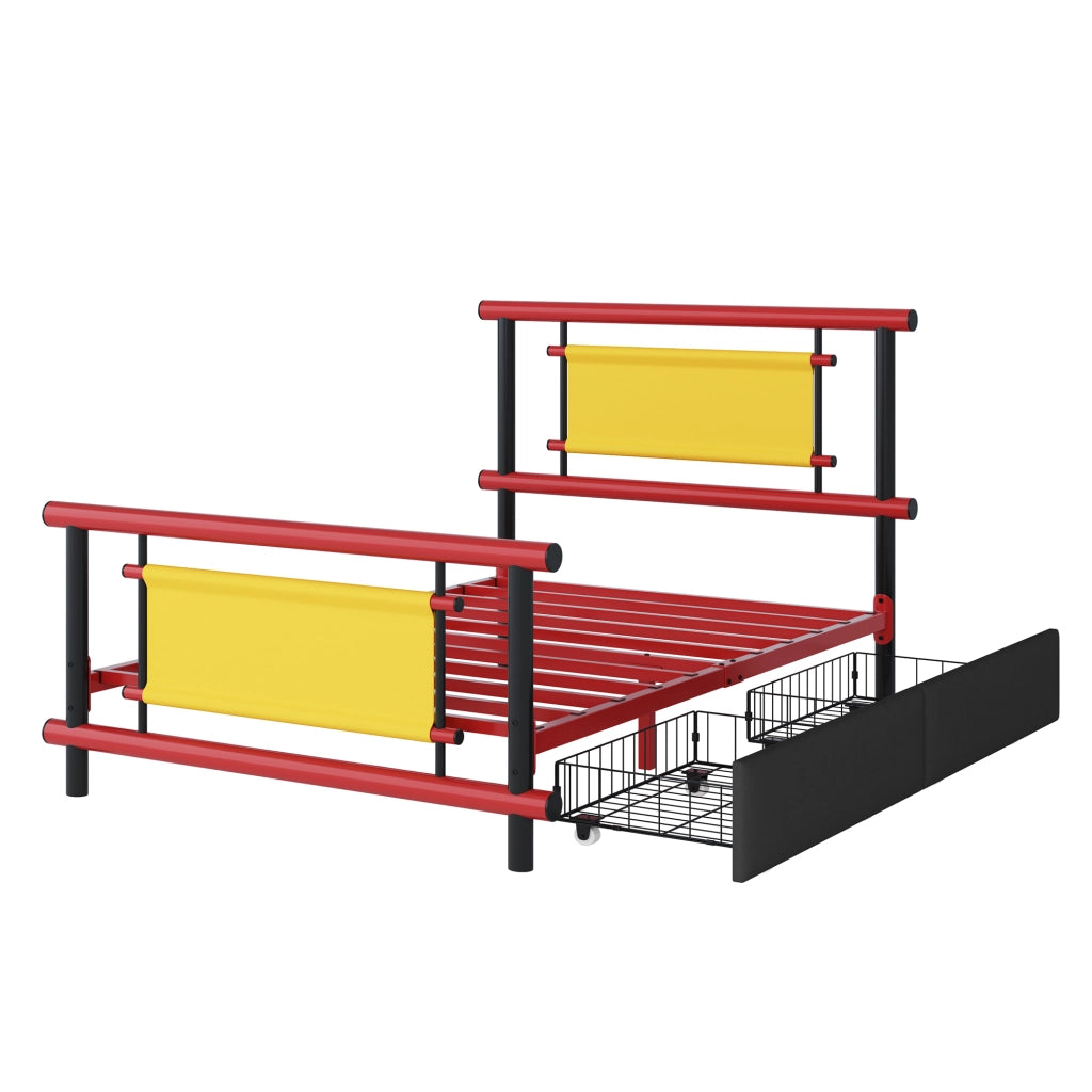 LETTO per bambini 90x200 cm in metallo rosso con cassetti