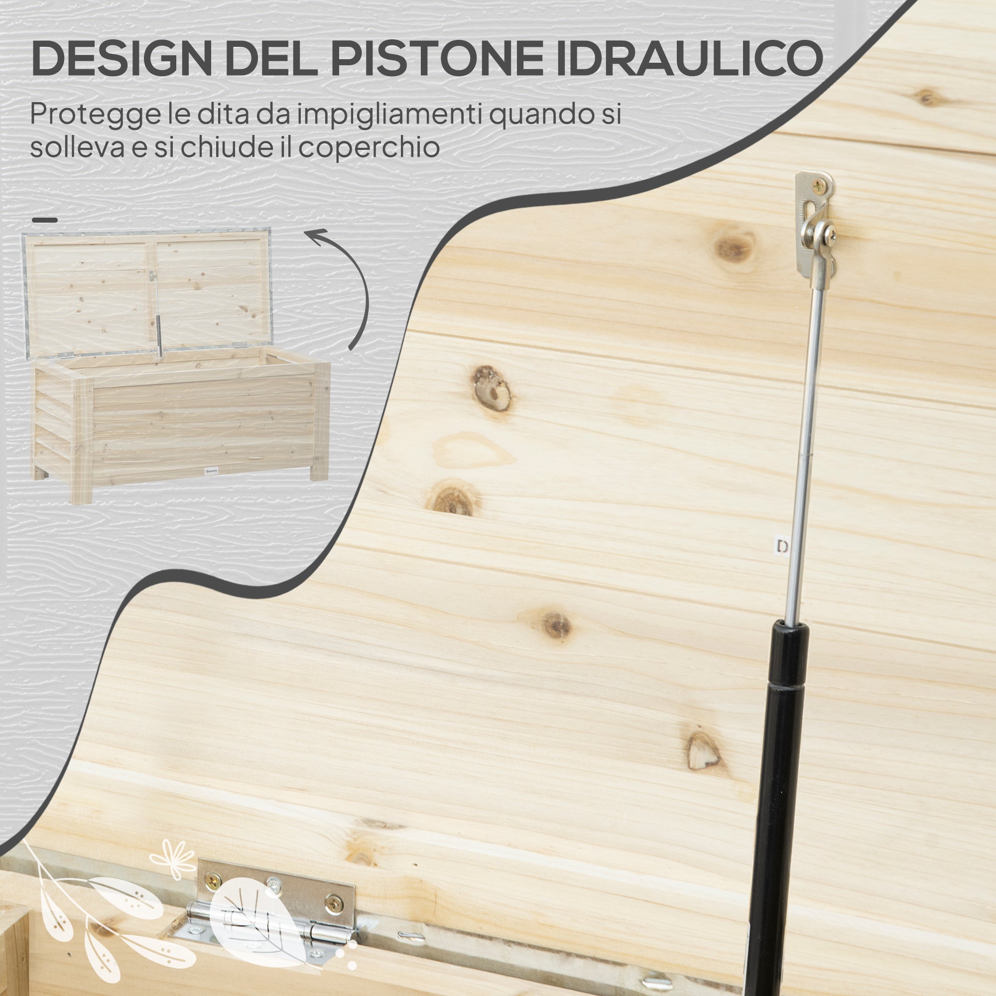 Baule da Esterno 110x50x50 cm Capacità da 155L con Coperchio e 2 Ammortizzatori in Metallo e Legno