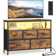 SONGMICS BELLAH Collezione - Cassettiera con LED Regolabile Controllato da APP, Mobile con Prese, 1 Ripiano, 5 Cassetti, Industriale, Marrone Vintage e Nero Inchiostro LGS723KD01