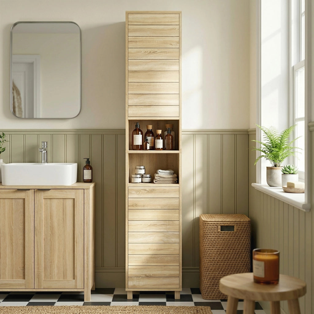 Armadietto Bagno Alto con Ripiani Regolabili ¨C Zephmum ¨C 34x23x170 cm Legno Naturale