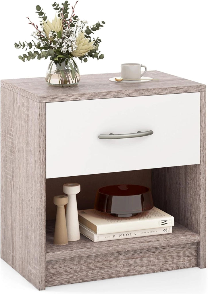 COSTWAY Comodino 38,5 x 28 x 40,5cm in Legno, Tavolino Salvaspazio con Scomparto Aperto e Casseto per Soggiorno e Camera da Letto (Naturale Chiaro+Bianco)