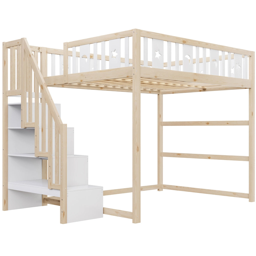 Letto a soppalco per bambini 140x200 cm con scala; ripiani e area divano; bianco e naturale