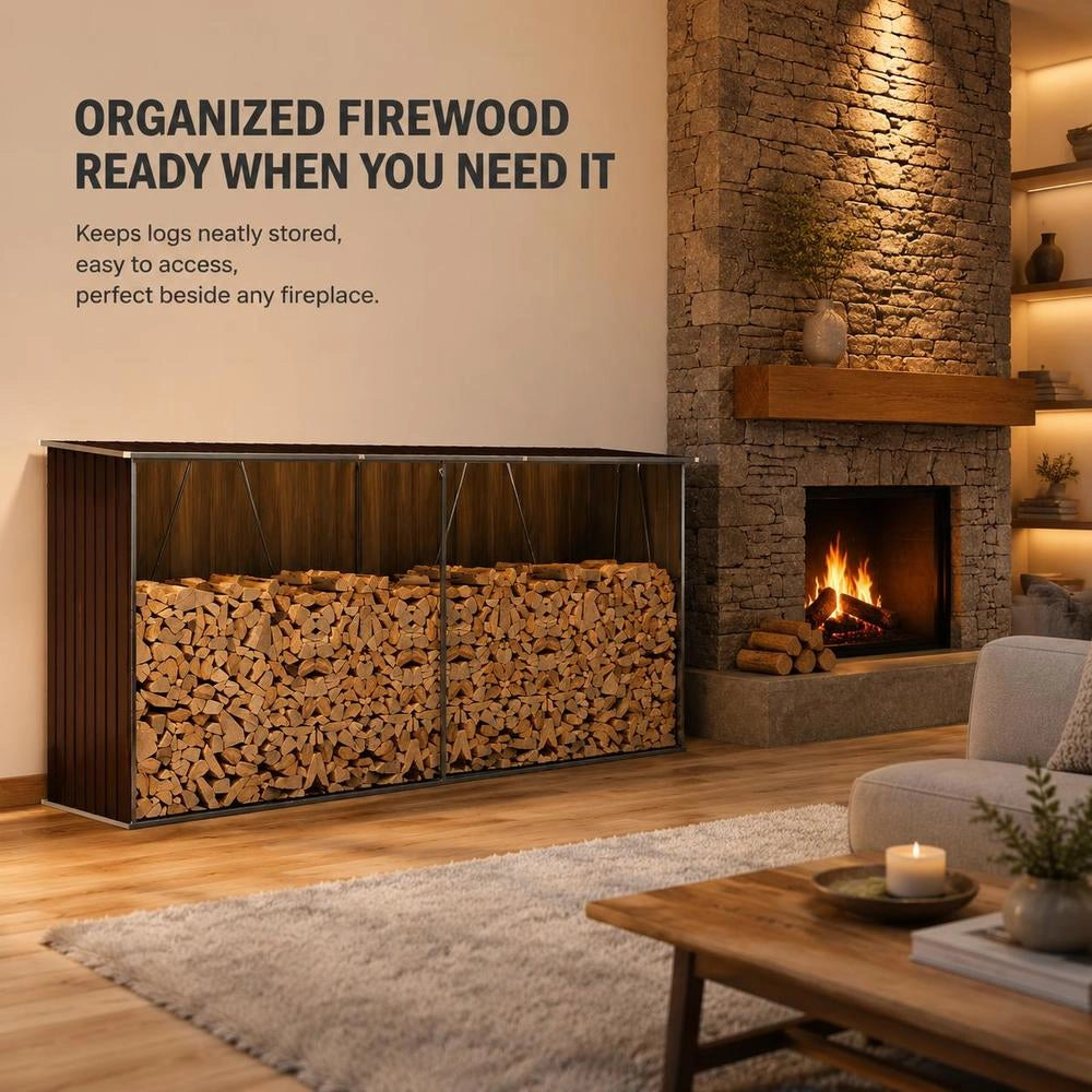 Firewood Storage Unit, Galvanized Steel, 330x84x152 Cm, Brown