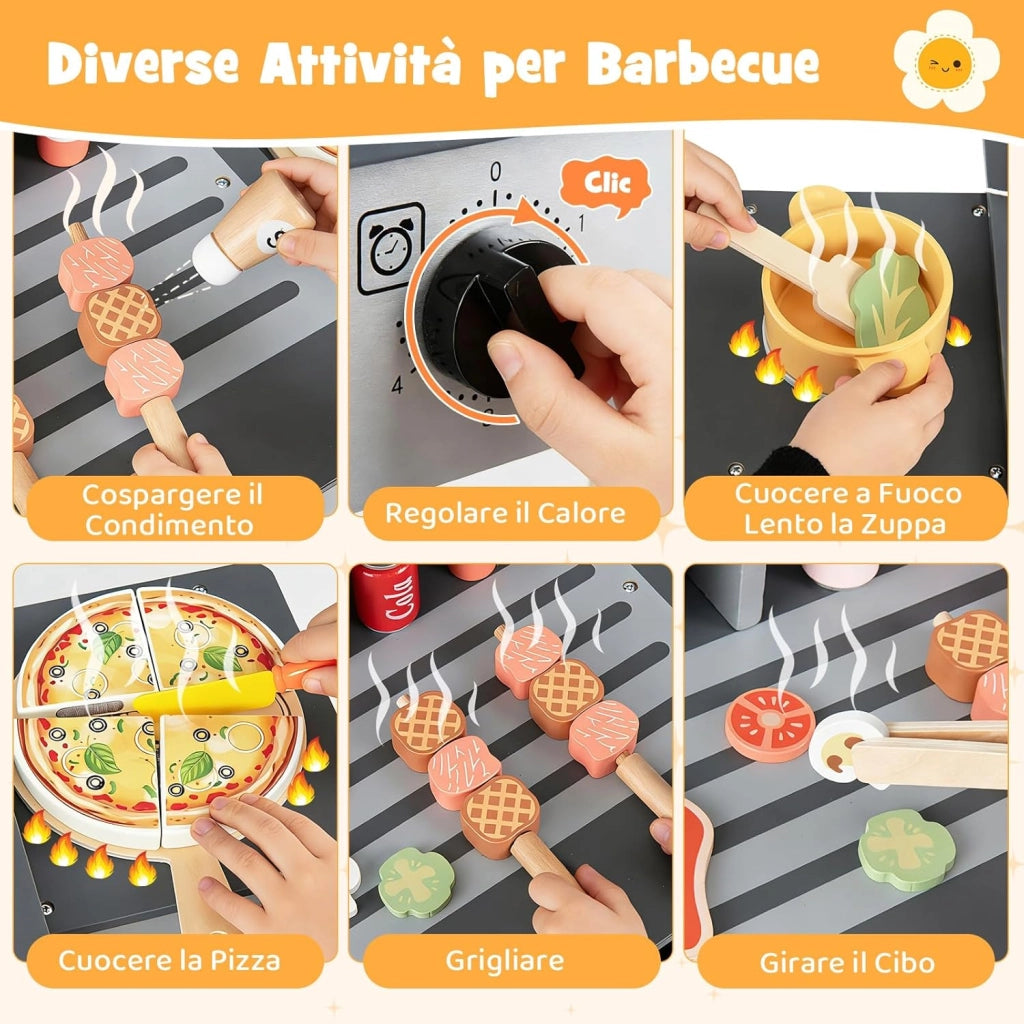 Set di Gioco per Barbecue in Legno per Bambini, Gioco di Griglia per Bambini con 2 Grill, Coperchi Ribaltabili, Ricchi Accessori e Cibi Giocattolo, per Bambini 3+ Anni