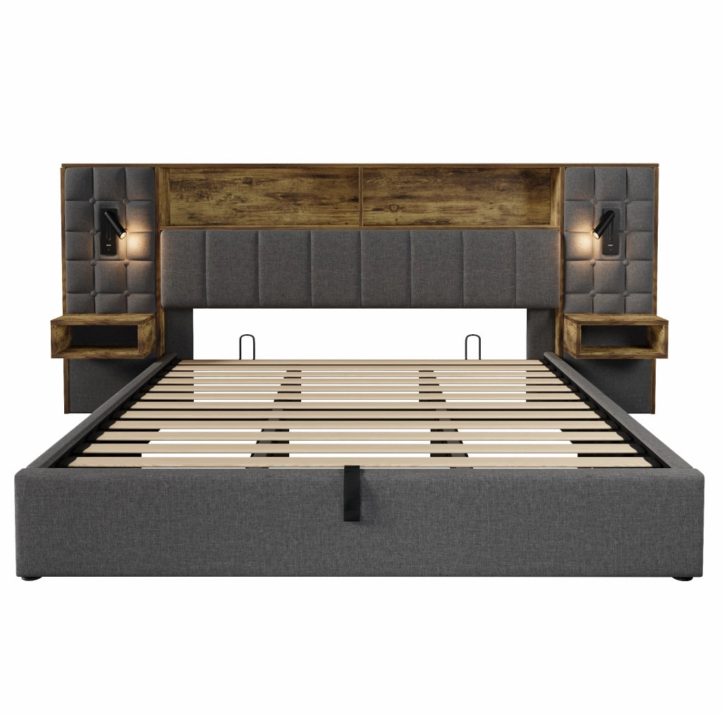 Letto matrimoniale 180x200 cm con contenitore; LED; USB e Type-C; comodini integrati; lino grigio