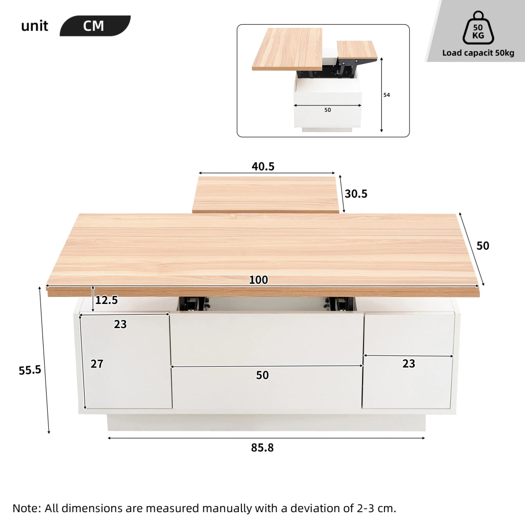 Tavolino da caffè 100x50x55.5 cm; doppio piano sollevabile con vano nascosto; pannello truciolare bianco