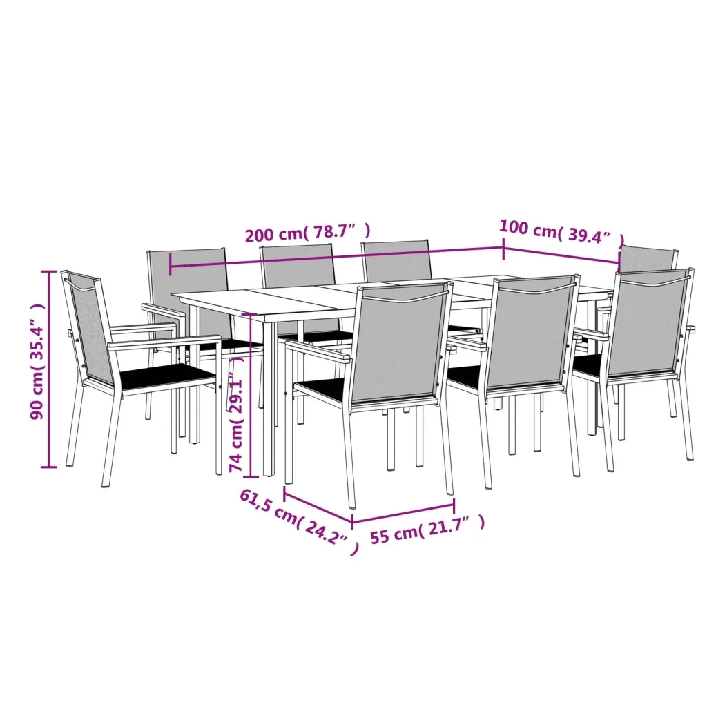 Set da Pranzo da Giardino 9 pz Nero in Textilene e Acciaio