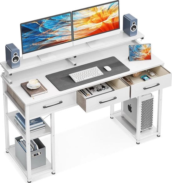 Scrivania, bianca, scrivania con 3 ripiani, tavolo da computer con piastra, 120 x 50 x 90 cm, tavolo da ufficio con supporto per monitor, tavolo PC, tavolo da gioco per ufficio domestico, ufficio, salotto