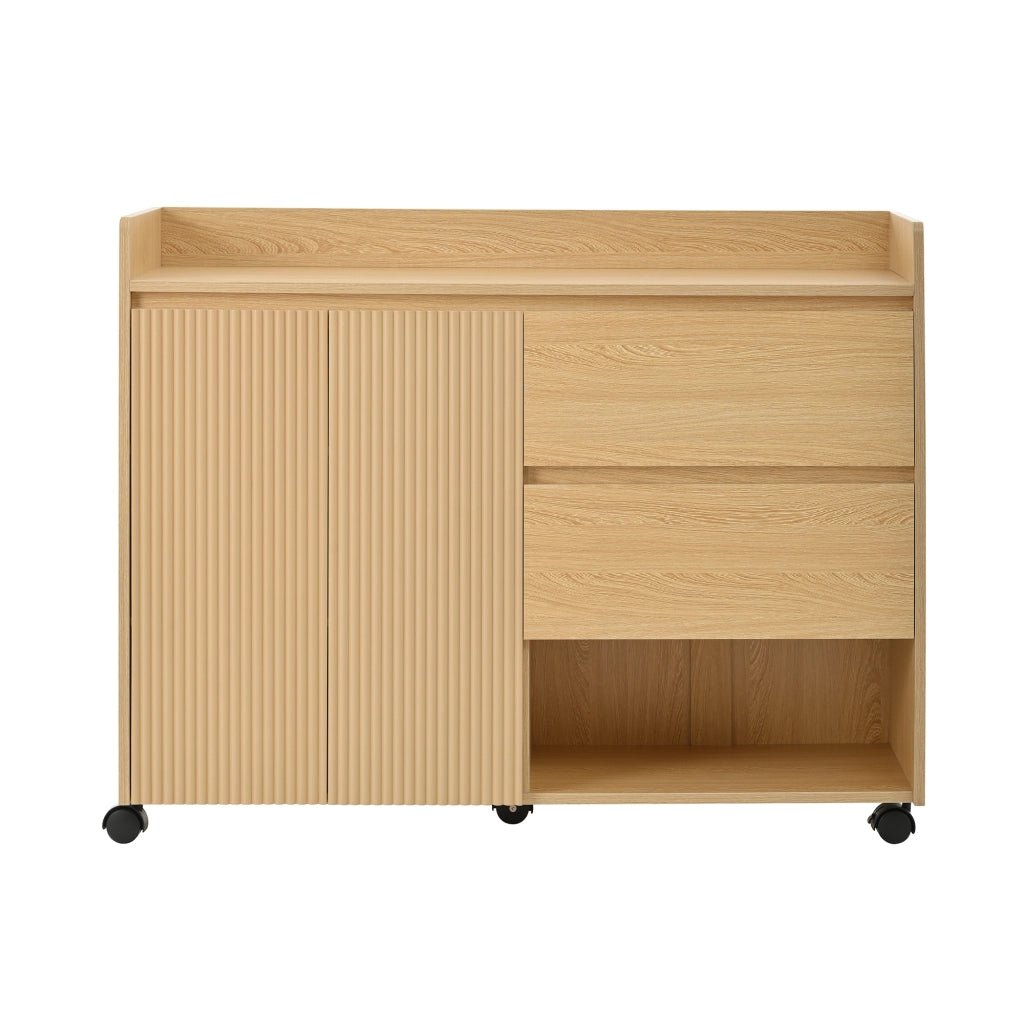 Mobile Scarpiera con 2 Ante; 2 Cassetti e Vani Aperti; con Ruote con Freno; in MDF; 110×35×86 cm; Naturale
