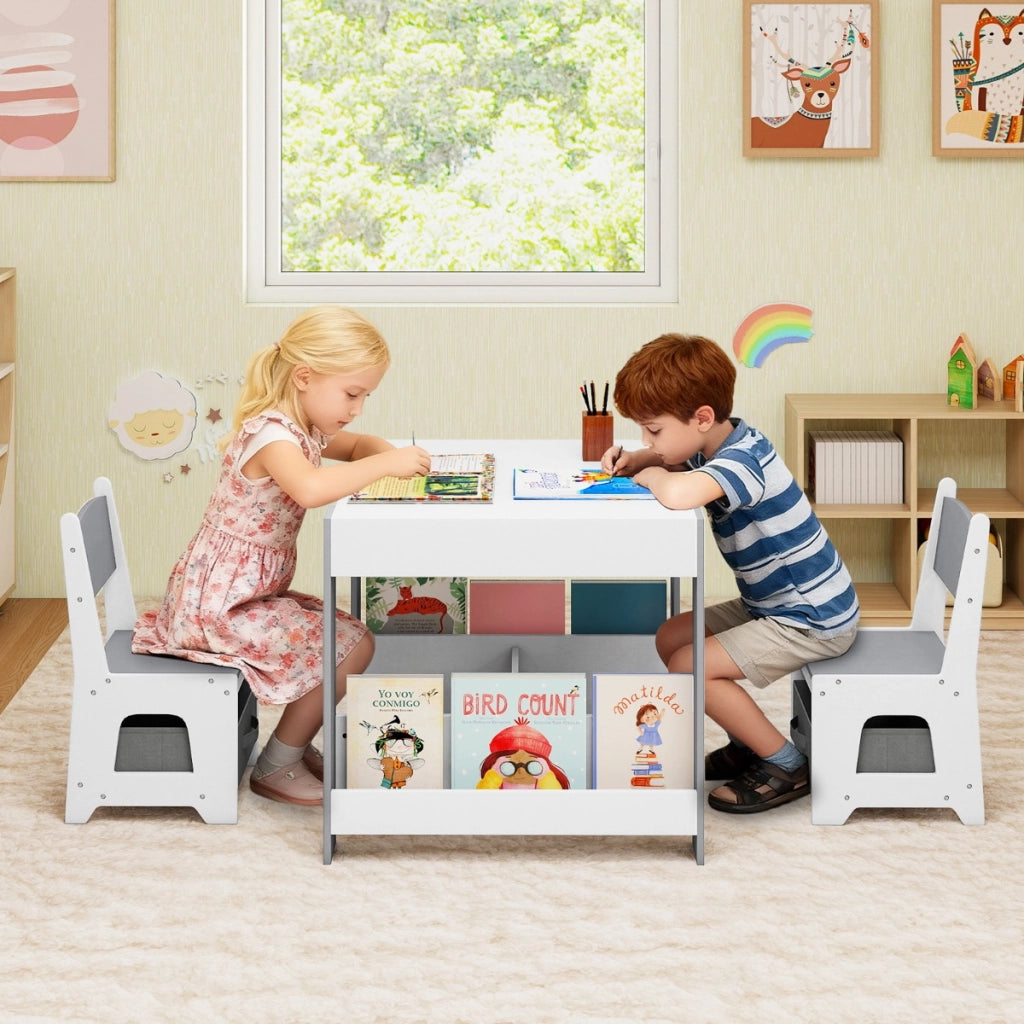 Set tavolo e sedie per bambini per bambini con piano reversibile, Set tavolo scaffali e cassetti per disegno Grigio-Tavoli e sedie