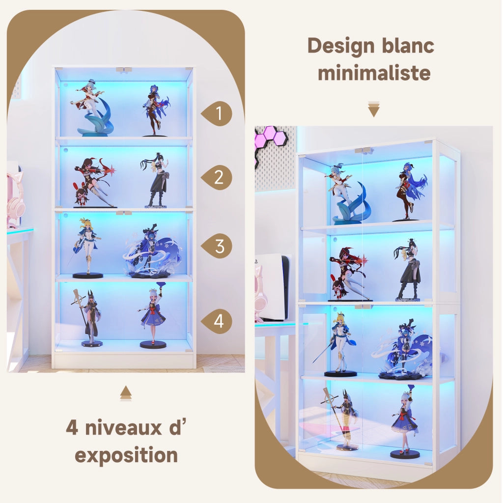 Vetrina con LED da app, 4 ripiani e porte push-to-open, per soggiorno, in MDF e vetro, bianca 80 × 35 × 170 cm