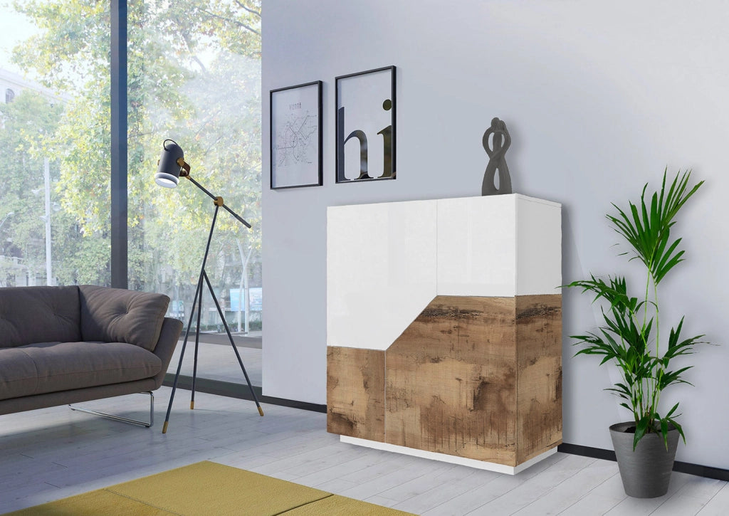 Credenza Alta 100x43x106 cm Alien Bianco Lucido e Acero Pereira