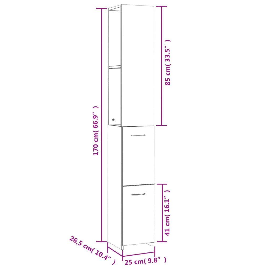 Armadietto Bagno Grigio Sonoma 25x26,5x170 cm Legno Multistrato 815961