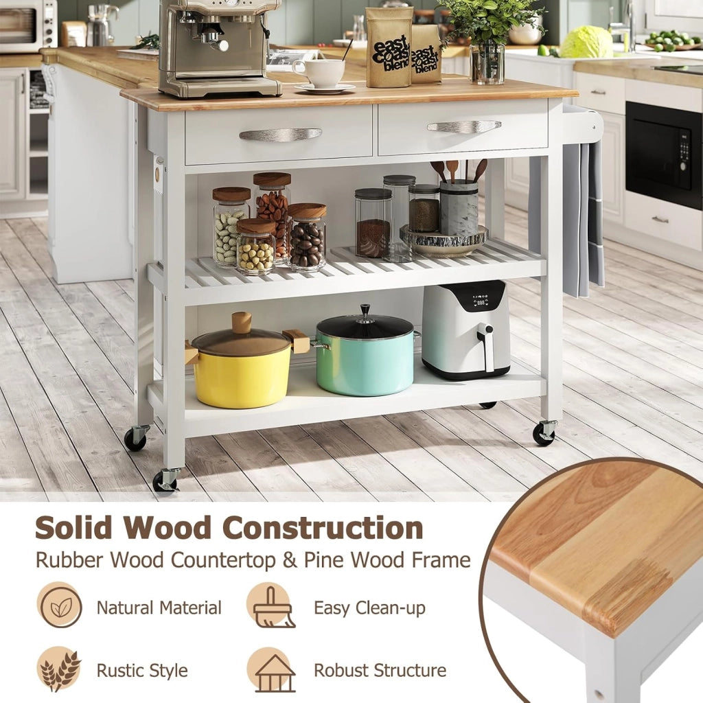 Carrello da cucina in legno con ruote, carrello ausiliario con 2 cassetti e 2 ripiani aperti, isola di cucina mobile con portasciugamani laterale, per sala da pranzo, bar, 116 x 44 x 89 cm